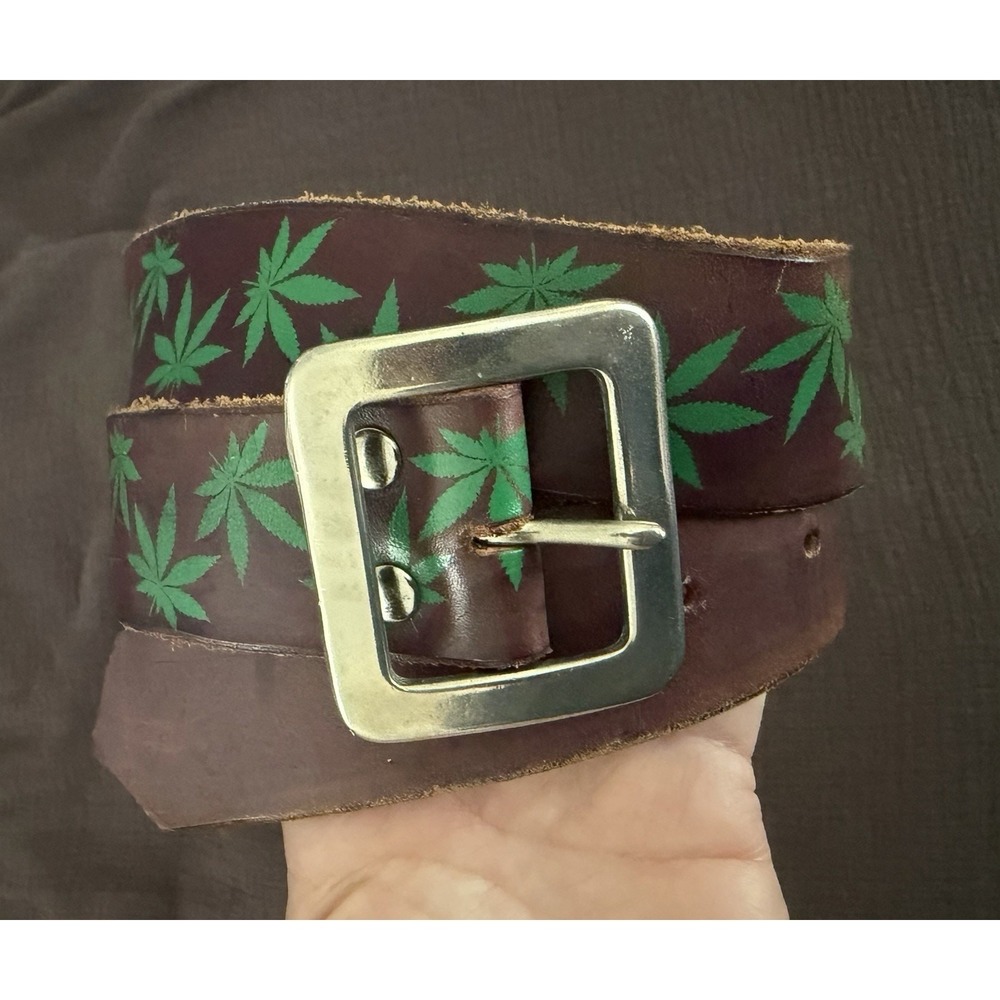 Vtg Y2K Handmade Weed Brown Belt Leather Mens Grunge Punk Streetwear Goth